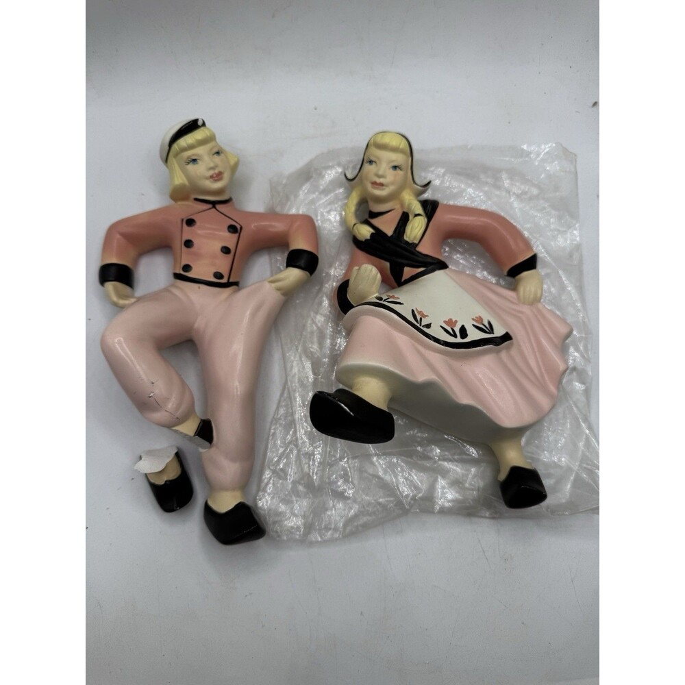 VTG Chalkware Dancing Dutch Couple Pink Black Wall Figurines Coventry Wares USA